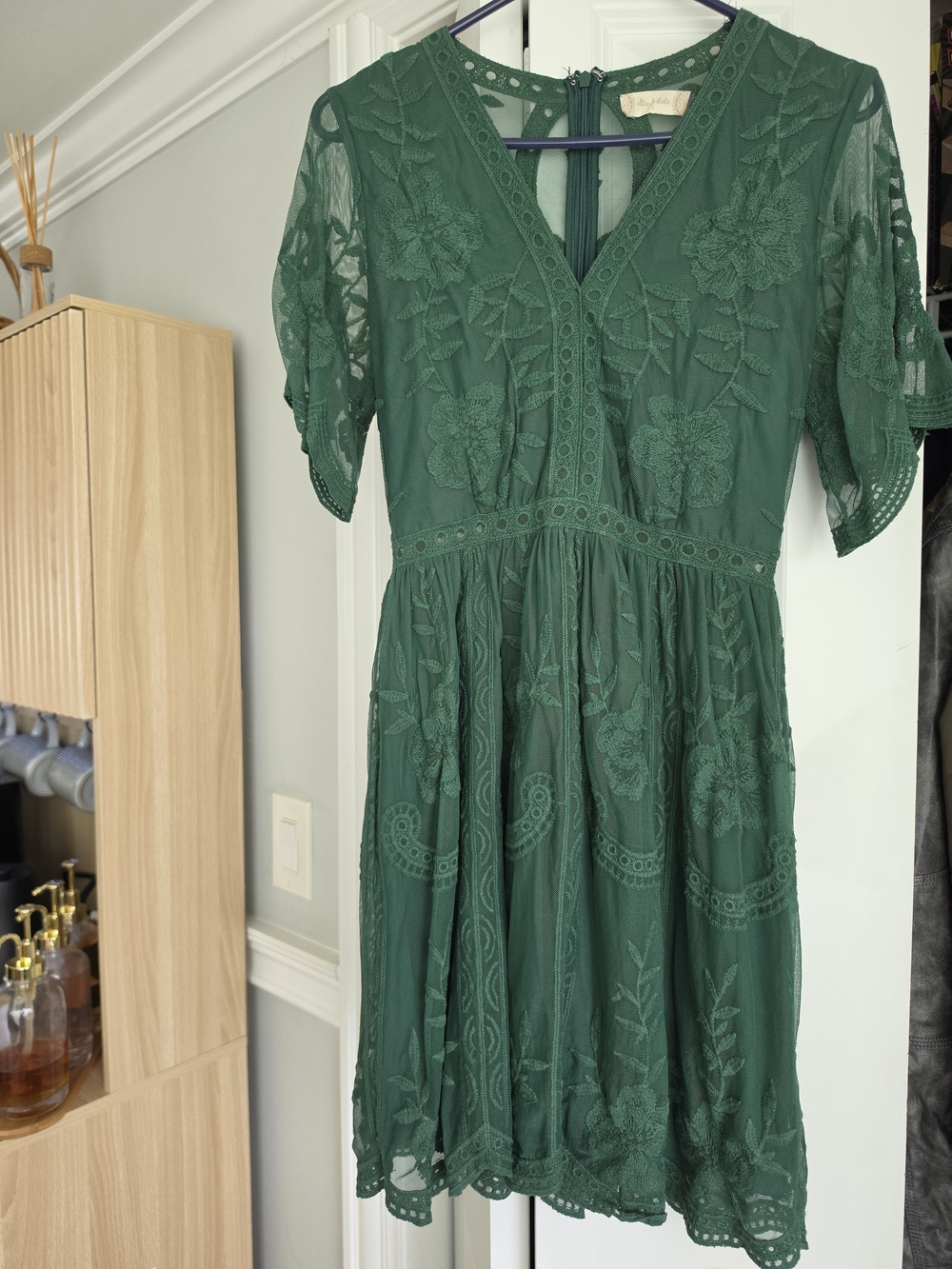 Altar'd State Forest Green Embroidered V-Neck Mini Dress